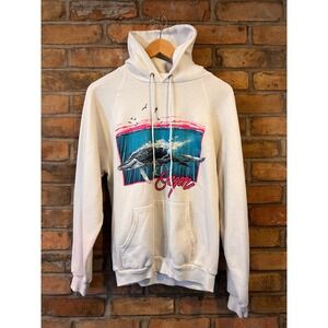 Vintage 87' Hanes Oregon Whale Hoodie Mens Large White Raglan Graphic Sweatshirt